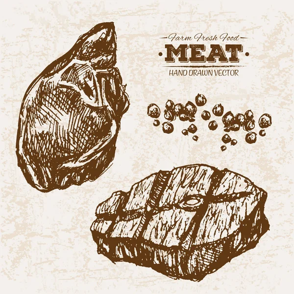 Χέρι Συντάσσονται Σκίτσο Κρέας Μοσχαρίσιο Φιλέτο Αγρόκτημα Νωπά Τρόφιμα Μαύρο — Διανυσματικό Αρχείο