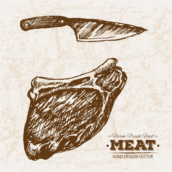 Kézzel Rajzolt Vázlat Steak Hús Kés Gazdaság Friss Étel Fekete — Stock Vector