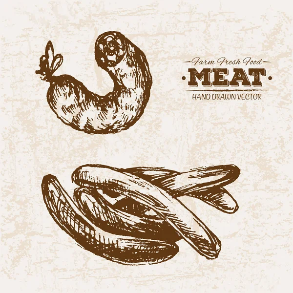 Handgezeichnete Skizze Fleischwurst Produkte Set Bauernhof Frische Lebensmittel Schwarz Weiß — Stockvektor