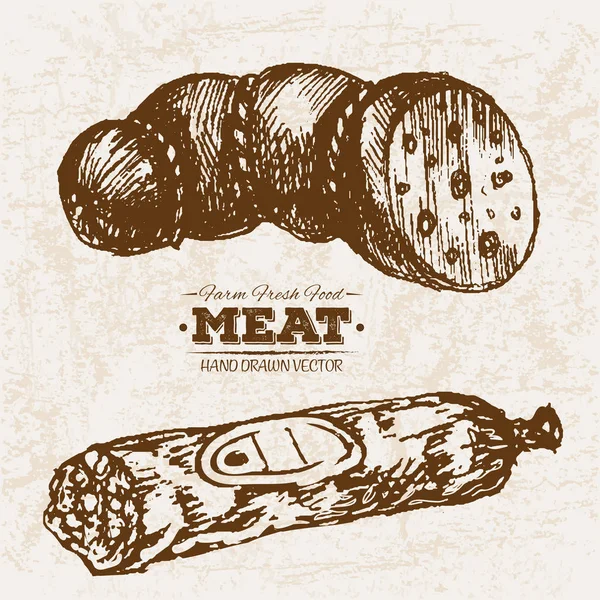 Handgezeichnete Skizze Salami Fleischprodukte Set Bauernhof Frische Lebensmittel Schwarz Weiß — Stockvektor