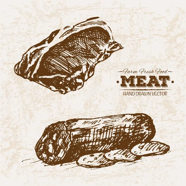 Desenho Mão Carne Bife Produtos Salame Conjunto Fazenda Alimentos Frescos —  Vetores de Stock