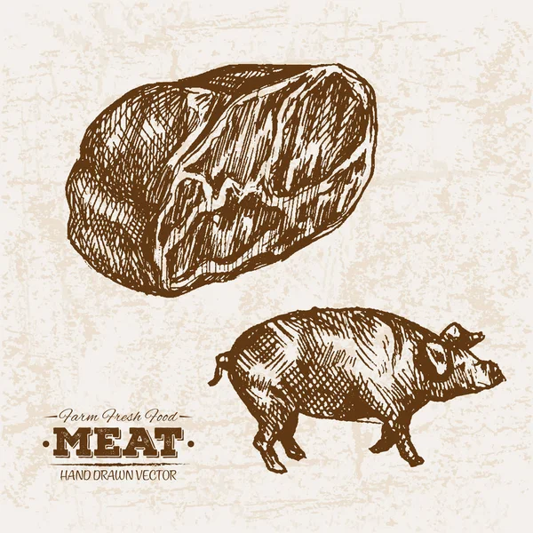 Desenho Mão Conjunto Produtos Carne Porco Presunto Fazenda Alimentos Frescos — Vetor de Stock