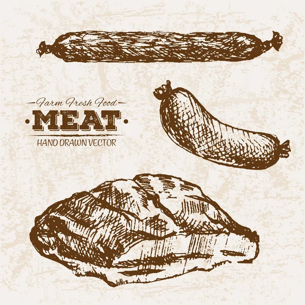 Handgezeichnete Skizze Fleischwurst Und Wurstwaren Set Bauernhof Frische Lebensmittel Schwarz — Stockvektor