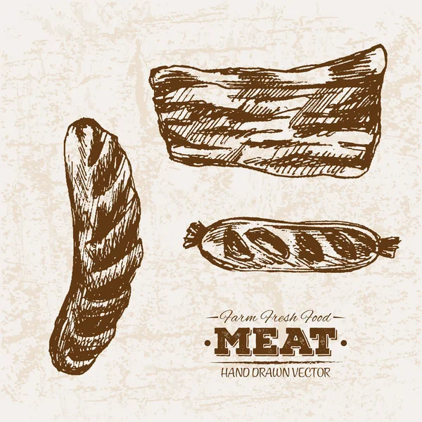 Salsichas Esboço Desenhadas Mão Conjunto Produtos Carne Presunto Comida Fresca —  Vetores de Stock