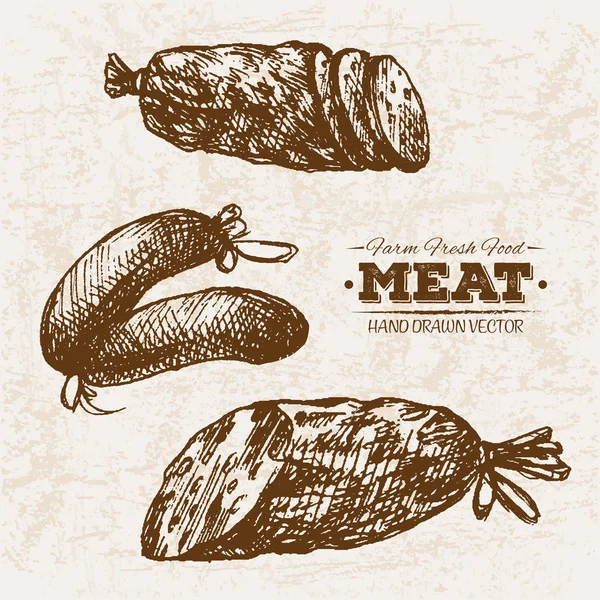 Ručně Kreslené Skici Klobásy Masných Výrobků Sada Farma Čerstvé Potraviny — Stockový vektor