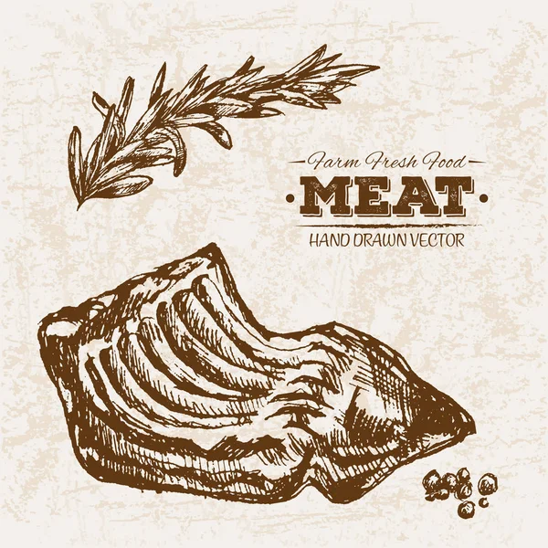 Handgezeichnete Skizze Rippen Fleischprodukte Set Bauernhof Frische Lebensmittel Schwarz Weiße — Stockvektor