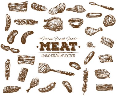 El çekilmiş et kroki, siyah ve beyaz vintage illüstrasyon topluluğu