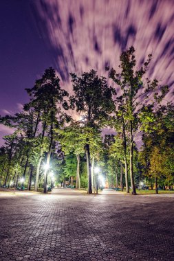 Uzun pozlama Stefan cel Mare park gece bir kadeh. Bulutlar hareket ile gökyüzü üzerinde bulanıklık. Parlak ışıklar aydınlatıcı. Kişinev, Moldova