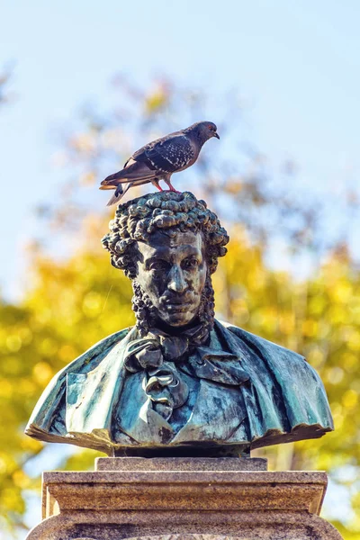Pomnik Aleksandra Puszkina Ptak Siedzący Głowę Bliska Autumn Drzewa Tle — Zdjęcie stockowe