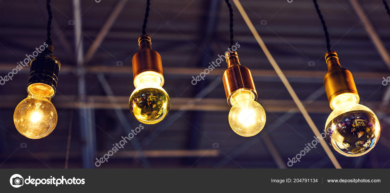 Abstract Warm Lights Hanging Ceiling Local Restaurant Close Shot