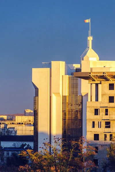 Presidency building from top at sunset. Negative copy space, place for text. Chisinau, Moldova