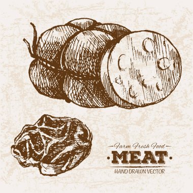 Çizilmiş kroki biftek et ürünleri ayarla sosis ve salam, çiftlik taze gıda, siyah ve beyaz vintage illüstrasyon, el basit çizim