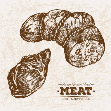 Çizilmiş kroki biftek et ürünleri ayarla sosis ve salam, çiftlik taze gıda, siyah ve beyaz vintage illüstrasyon, el basit çizim