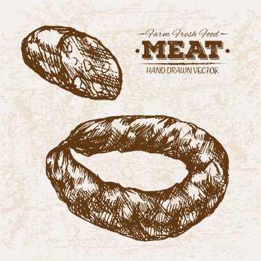 Çizilmiş kroki biftek et ürünleri ayarla sosis ve salam, çiftlik taze gıda, siyah ve beyaz vintage illüstrasyon, el basit çizim