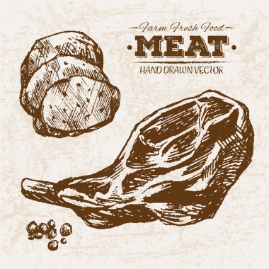 Çizilmiş kroki biftek et ürünleri ayarla sosis ve salam, çiftlik taze gıda, siyah ve beyaz vintage illüstrasyon, el basit çizim