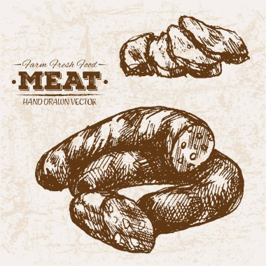 Çizilmiş kroki biftek et ürünleri ayarla sosis ve salam, çiftlik taze gıda, siyah ve beyaz vintage illüstrasyon, el basit çizim