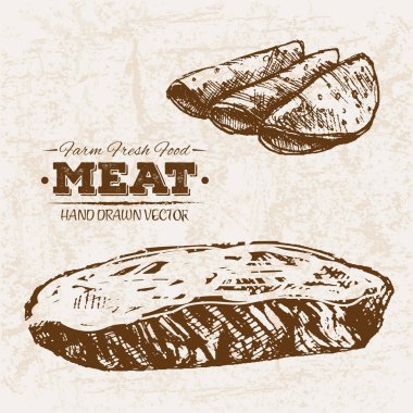 Çizilmiş kroki biftek et ürünleri ayarla sosis ve salam, çiftlik taze gıda, siyah ve beyaz vintage illüstrasyon, el basit çizim