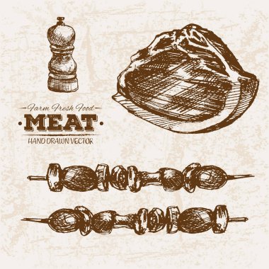 Çizilmiş kroki biftek et ürünleri ayarla şiş ve jambon, çiftlik taze gıda, siyah ve beyaz vintage illüstrasyon, el basit çizim