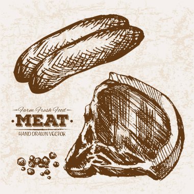 Çizilmiş kroki biftek et ürünleri ayarla sosis ve jambon, çiftlik taze gıda, siyah ve beyaz vintage illüstrasyon, el basit çizim
