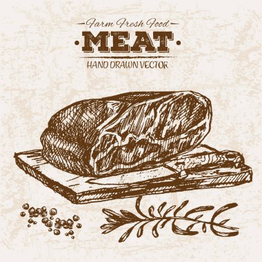 Çizilmiş kroki biftek et ürünleri ayarla sosis ve salam, çiftlik taze gıda, siyah ve beyaz vintage illüstrasyon, el basit çizim