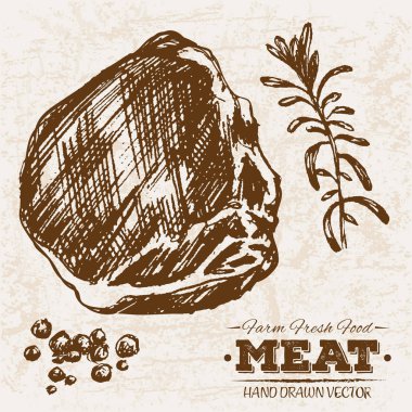 Çizilmiş kroki biftek et ürünleri ayarla biberiye, çiftlik taze gıda, siyah ve beyaz vintage illüstrasyon, el basit çizim