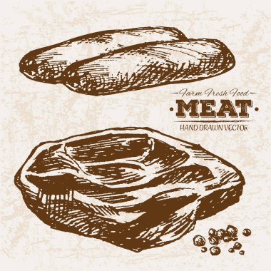 Çizilmiş kroki biftek et ürünleri ayarla sosis ve salam, çiftlik taze gıda, siyah ve beyaz vintage illüstrasyon, el basit çizim