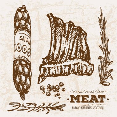 Çizilmiş kroki biftek et ürünleri ayarla sosis ve salam, çiftlik taze gıda, siyah ve beyaz vintage illüstrasyon, el basit çizim