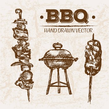 Elle çizilmiş kroki biftek et ürünleri Barbekü fırın ve şiş, çiftlik taze gıda, siyah ve beyaz vintage illüstrasyon ile basit ayarla çizim