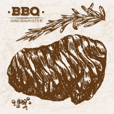 Çizilmiş kroki biftek et ürünleri Barbekü ızgara, çiftlik taze gıda, siyah ve beyaz vintage illüstrasyon, ayarla el basit çizim