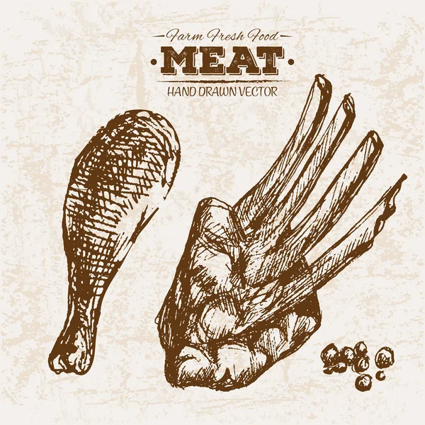 Desenho Mão Produtos Carne Bife Conjunto Com Costelas Fazenda Alimentos — Vetor de Stock