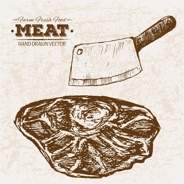 Kézzel Rajzolt Vázlat Steak Húsipari Termékek Készlet Kés Gazdaság Friss — Stock Vector