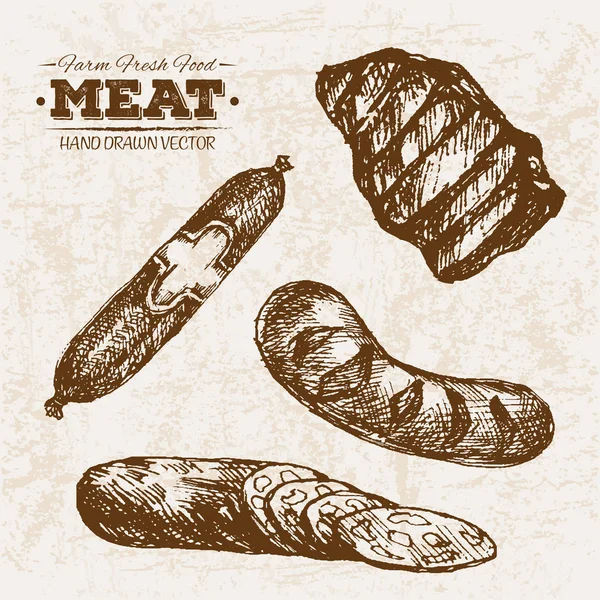 Kézzel Rajzolt Vázlat Steak Húsipari Termékeket Kolbász Szalámi Gazdaság Friss — Stock Vector