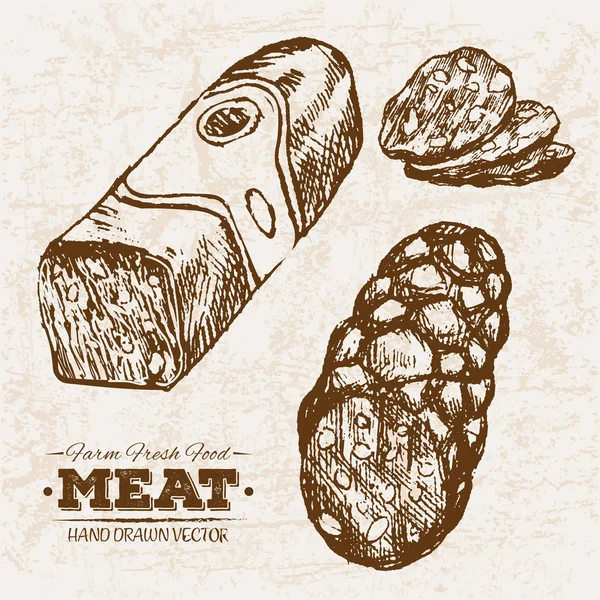 Esboço Desenhado Mão Produtos Carne Bife Conjunto Com Salsichas Salame — Vetor de Stock