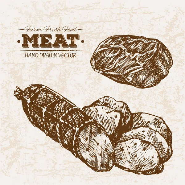 Kézzel Rajzolt Vázlat Steak Húsipari Termékeket Kolbász Szalámi Gazdaság Friss — Stock Vector
