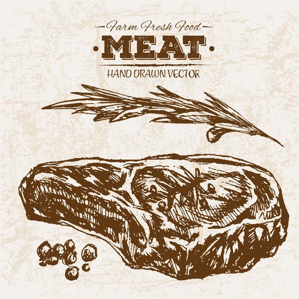 Handgezeichnete Skizze Steak Fleischprodukte Mit Rosmarin Bauernhof Frische Lebensmittel Schwarz — Stockvektor
