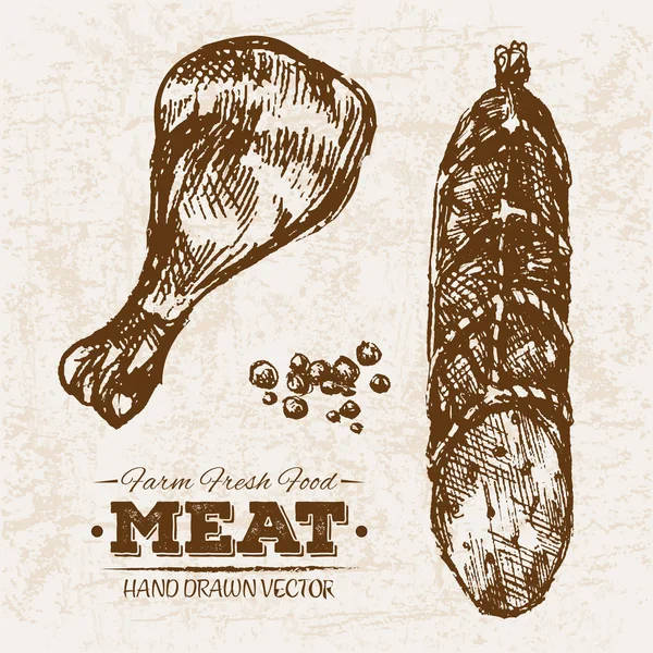 手绘素描牛排肉类产品集香肠和腊肠 农场新鲜食品 黑白葡萄酒插图 简单绘图 — 图库矢量图片