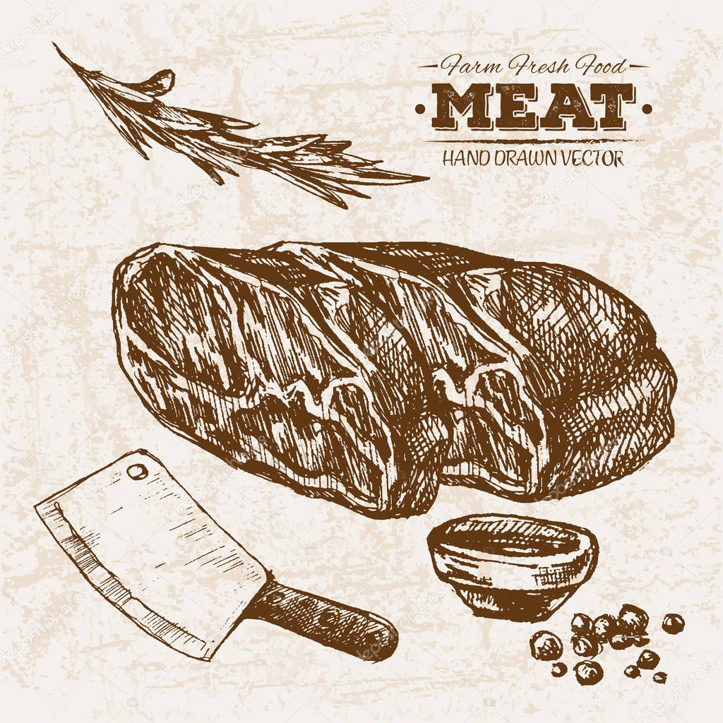 Hand drawn sketch steak meat products set with knife, farm fresh food, black and white vintage illustration, simple drawing
