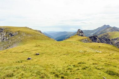 Bulutlu bir günde Paltinului eyer. Yeşil çim ve parlak gökyüzü. Fagaras dağlar, Romanya