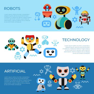 Çizilmiş basit çizgiyi sanat bilgi grafiği, düz stil ile dijital vektör arkadaşı robotlar Icons set