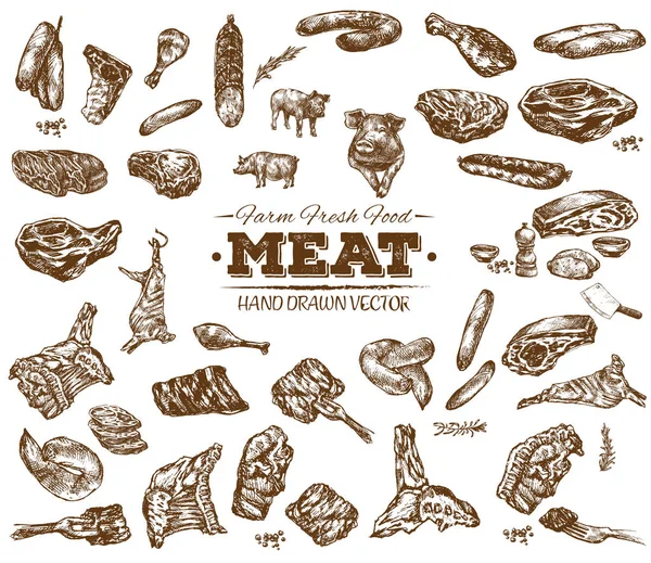 Hand Drawn Meat Bbq Sketch Collection Black White Vintage Illustration — Stock Vector