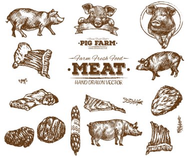 El çekilmiş taze çiftlik et Barbekü kroki koleksiyonu, siyah ve beyaz vintage illüstrasyon