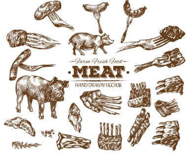 El çekilmiş taze çiftlik et Barbekü kroki koleksiyonu, siyah ve beyaz vintage illüstrasyon