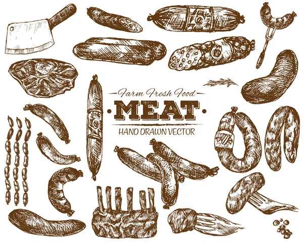El çekilmiş taze çiftlik et Barbekü kroki koleksiyonu, siyah ve beyaz vintage illüstrasyon