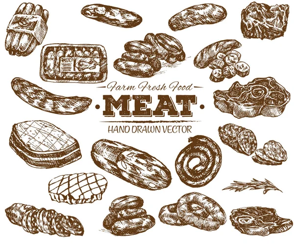 El çekilmiş taze çiftlik et Barbekü kroki koleksiyonu, siyah ve beyaz vintage illüstrasyon