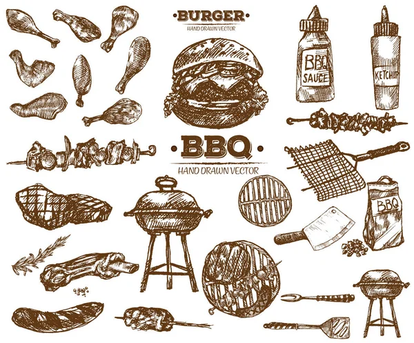 Hand Drawn Fresh Farm Meat Bbq Sketch Collection Black White — Stock Vector