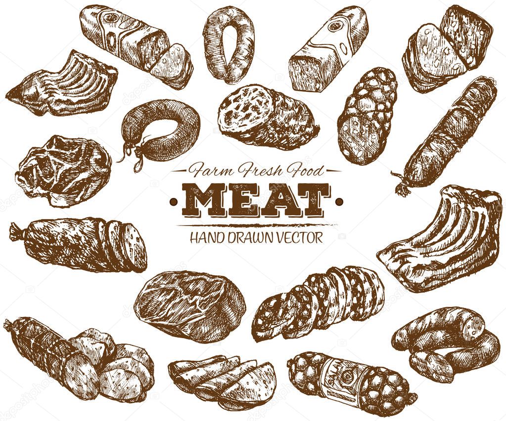 Hand drawn fresh farm meat bbq sketch collection, black and white vintage illustration