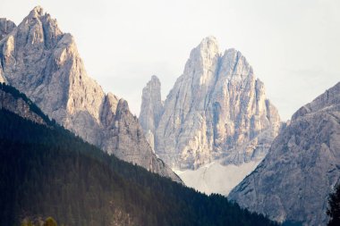 İtalya, orman ve kar beyaz güneş ışığı ile büyülü dolomites Dağları