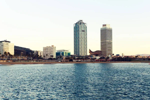 Barcelona City Från Havet Solnedgången Spanien — Stockfoto