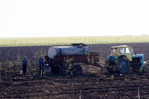 Irrigation of an apple orchard in Moldova with tractors