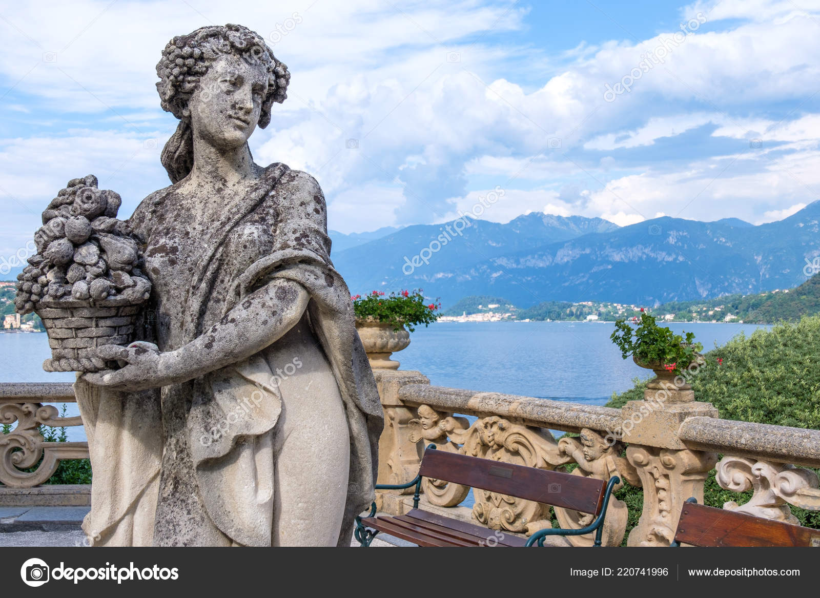 Villa Balbianello Yard Beautiful Statue Woman Lake Como Mountains Blue